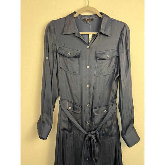 Madewell Women's Button-Front Utility Shirtdress in Satin Deep Indigo Size Small - Picture 9 of 16